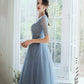 Langes Ballkleid aus blauem Tüll mit Perlen A-Linie Abendkleid 10333