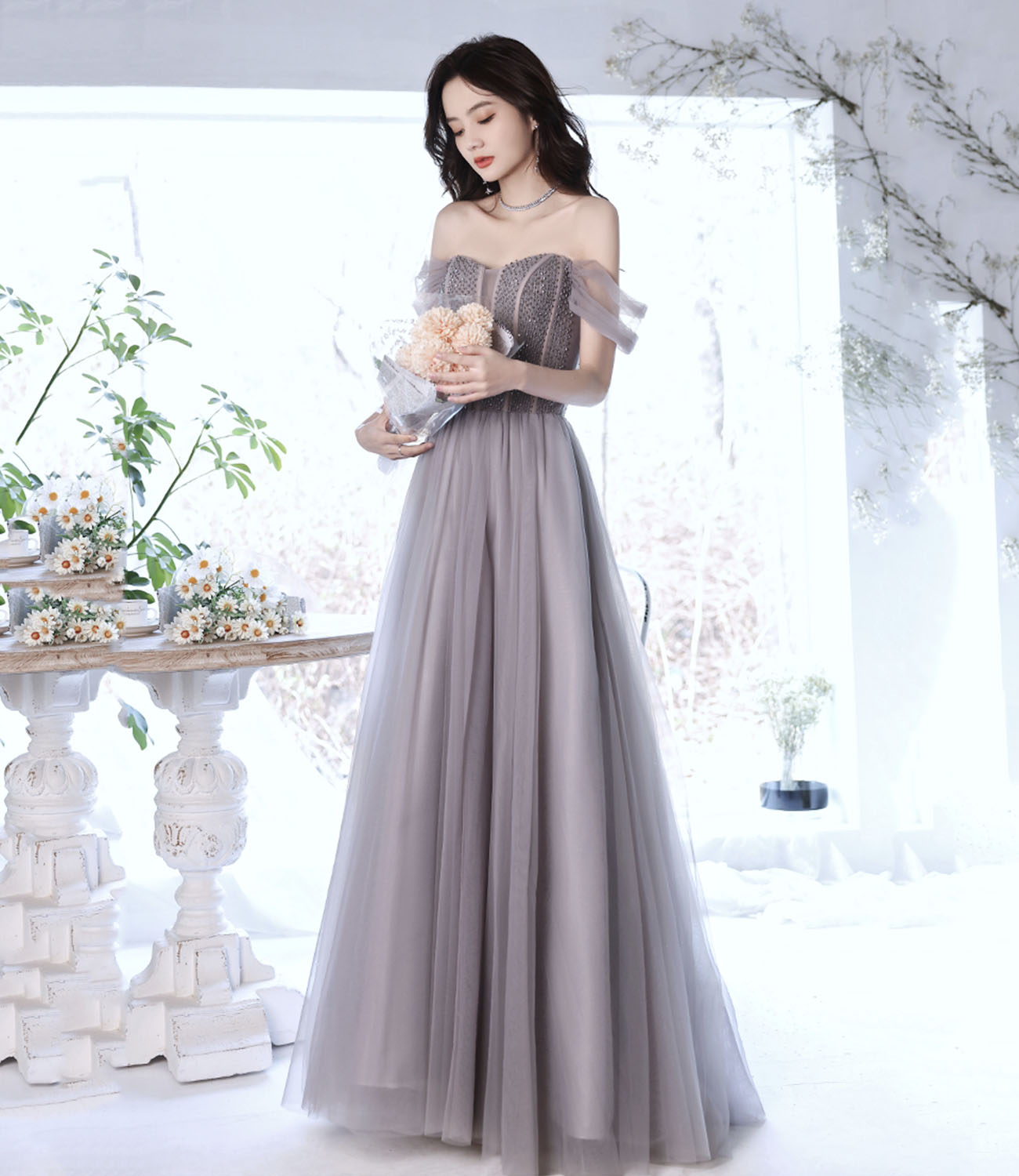 Süßes Tüll Perlen langes Ballkleid A-Linie Abendkleid 10319