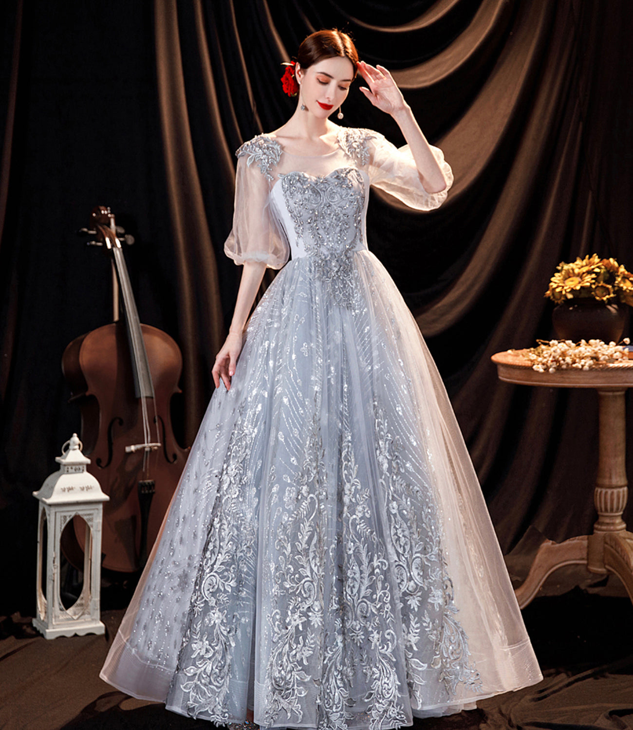Langes Ballkleid aus grauer Tüllspitze A-Linie Abendkleid 10508