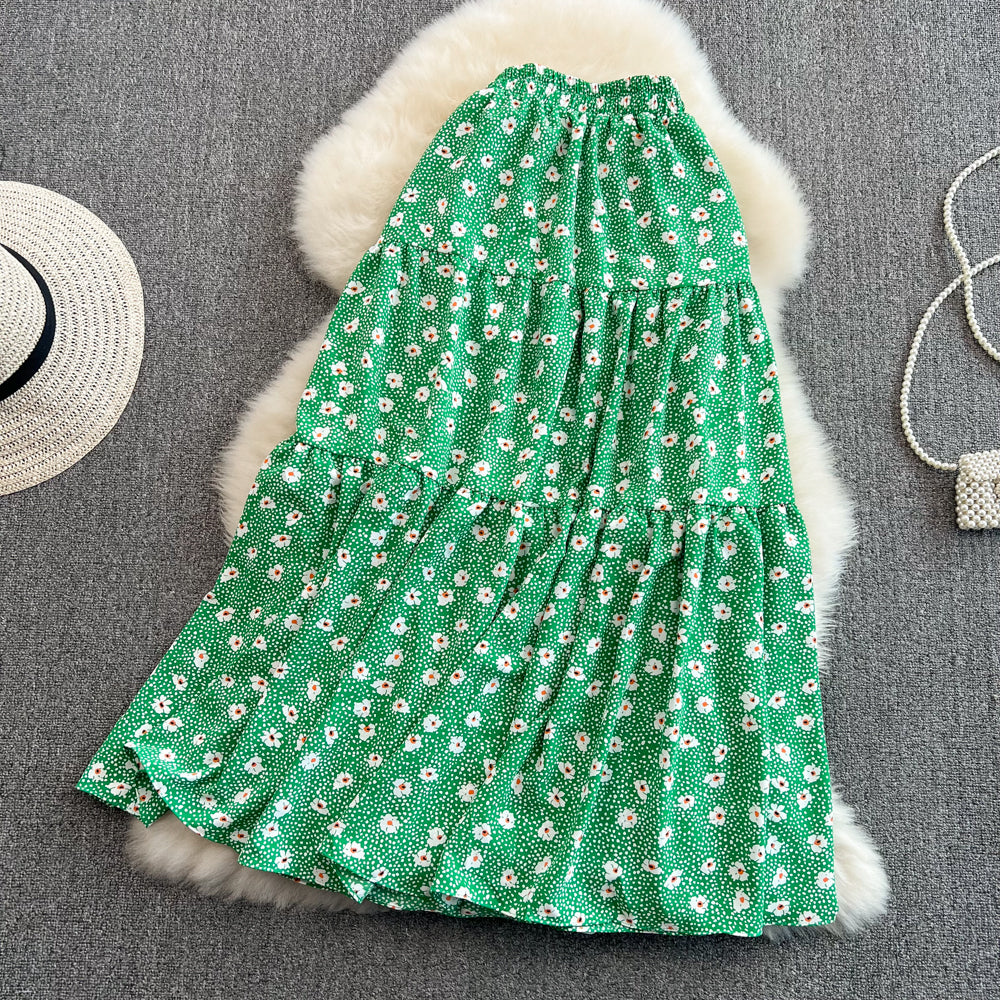 New style high waist thin, medium and Long Ruffle floral skirt  11285