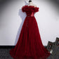 Burgundy tulle long prom dress A line evening gown  10006