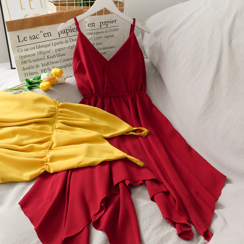 Robe courte irrégulière à col en V mignonne Robe trapèze tendance 10675
