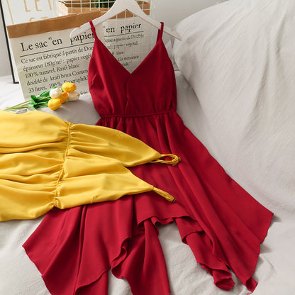 Robe courte irrégulière à col en V mignonne Robe trapèze tendance 10675