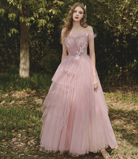 Pink tulle lace long prom dress pink evening gown  10188