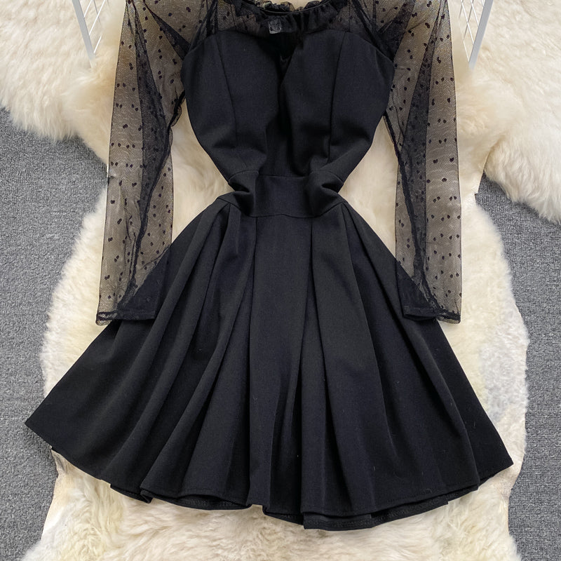 Black A Line Long Sleeve Short Dress Fashion Dress  10915