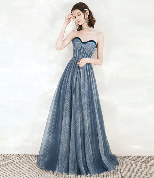 Langes Ballkleid aus blauem Tüll mit Perlen A-Linie Abendkleid 10549