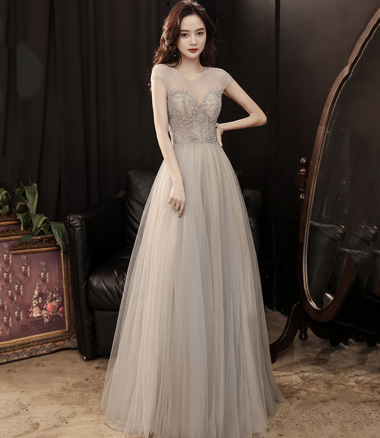Cute tulle beads long prom dress A line evening gown  10279