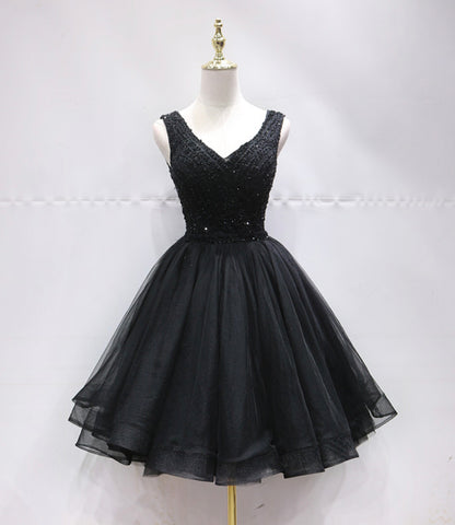Schwarzes kurzes Ballkleid mit V-Ausschnitt und Perlen 10247
