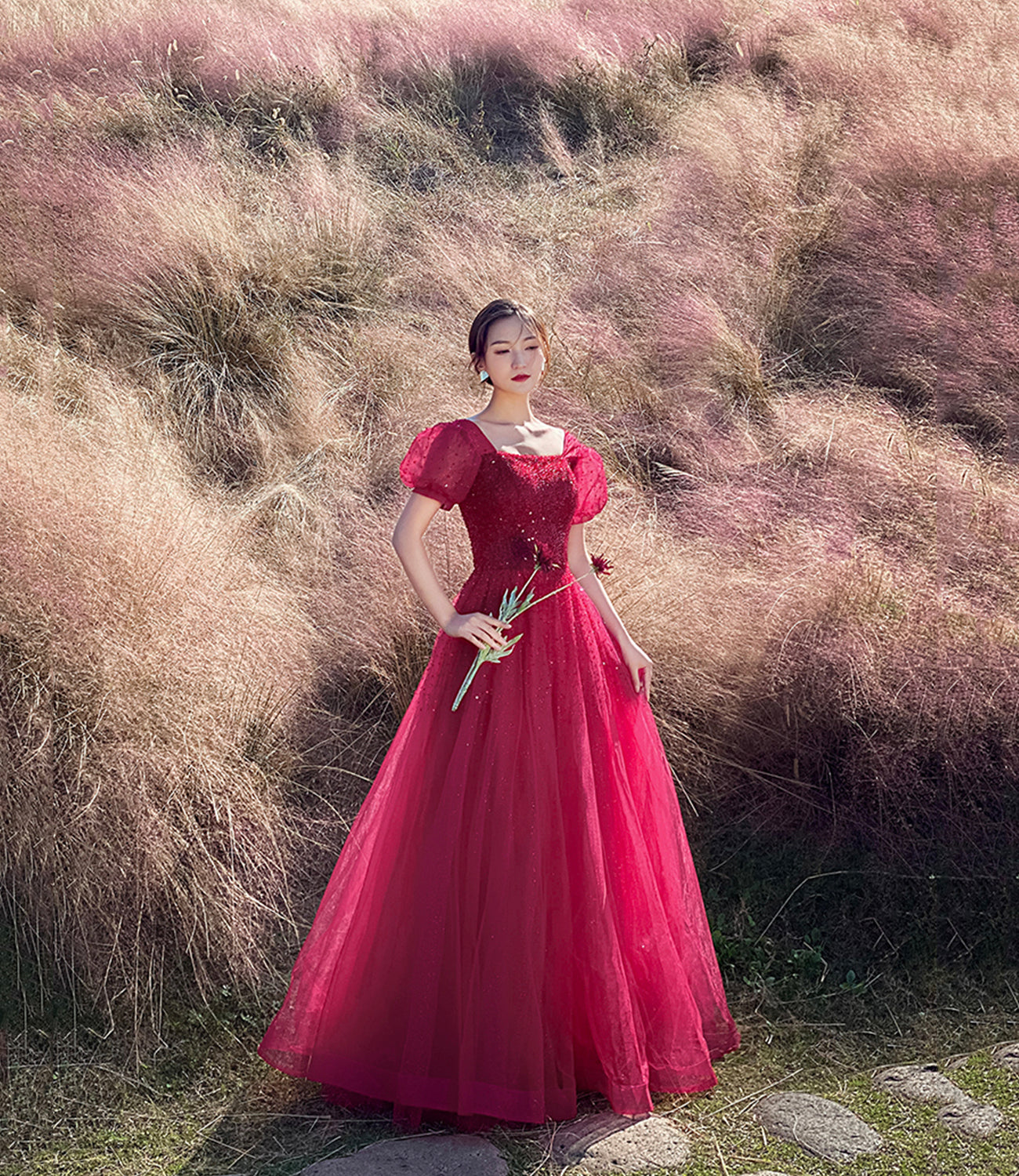 Rote Tüllperlen langes Ballkleid A-Linie Abendkleid 10303