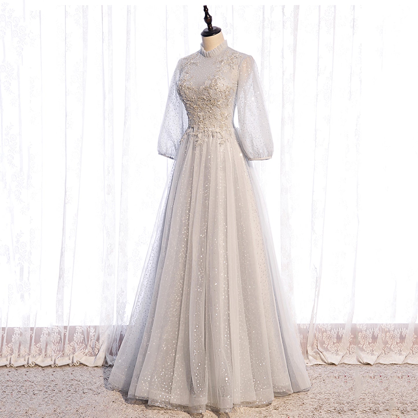 Gray lace sequins long prom gown evening dress  8964