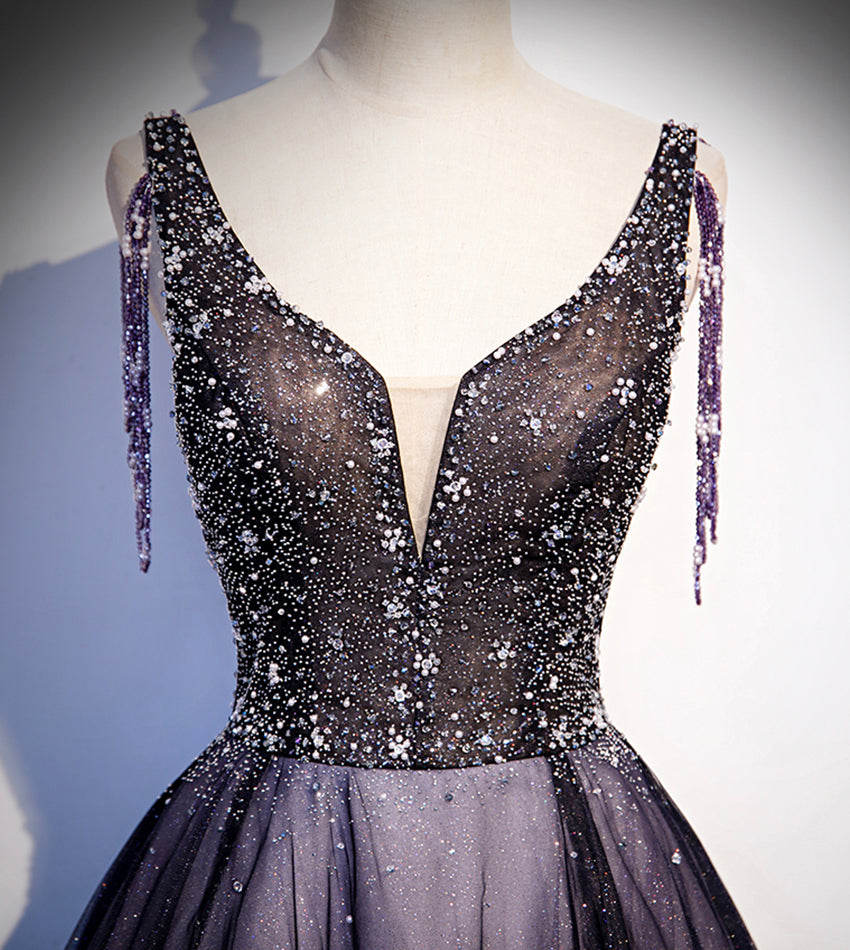 Lila V-Ausschnitt Tüll Perlen langes Ballkleid Abendkleid 8556