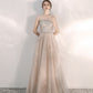 Champagner Tüll Pailletten langes Ballkleid A-Linie Abendkleid 10472