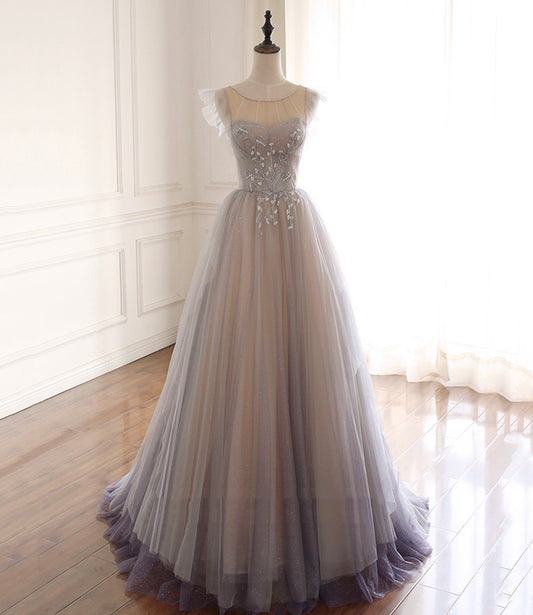 Lila, elegantes, süßes, perlenbesetztes langes Ballkleid aus Tüll in A-Linie 10572
