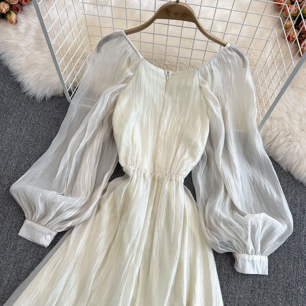 Champagner V-Ausschnitt Langarm Kleid A-Linie Fashion Dress 10683