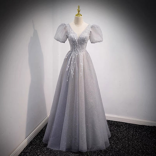 Robe de soirée longue en tulle gris avec perles Robe de soirée trapèze 8956