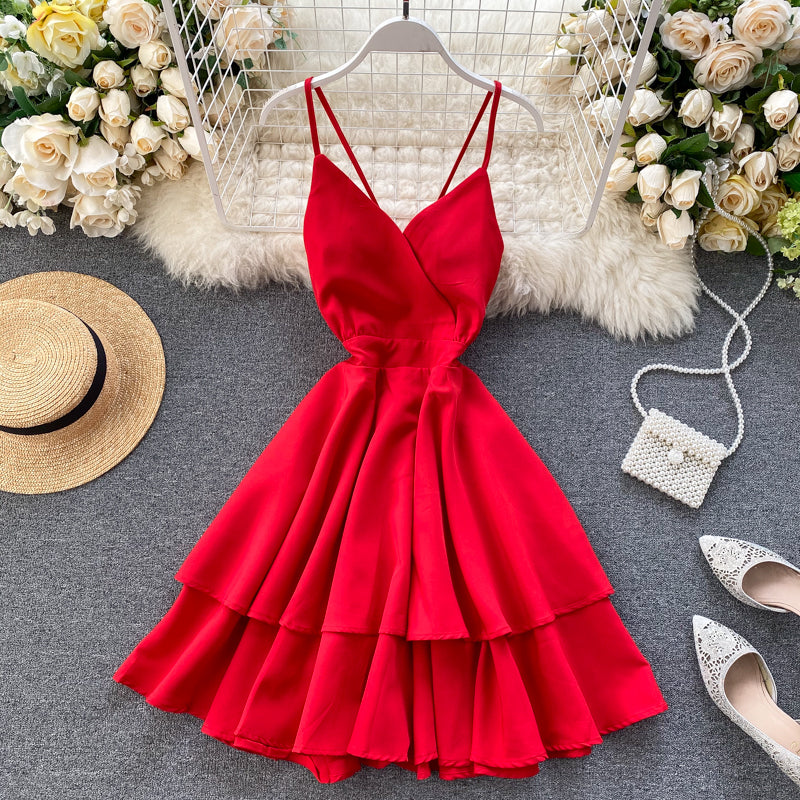 Robe courte mignonne à col en V Robe trapèze tendance 10876