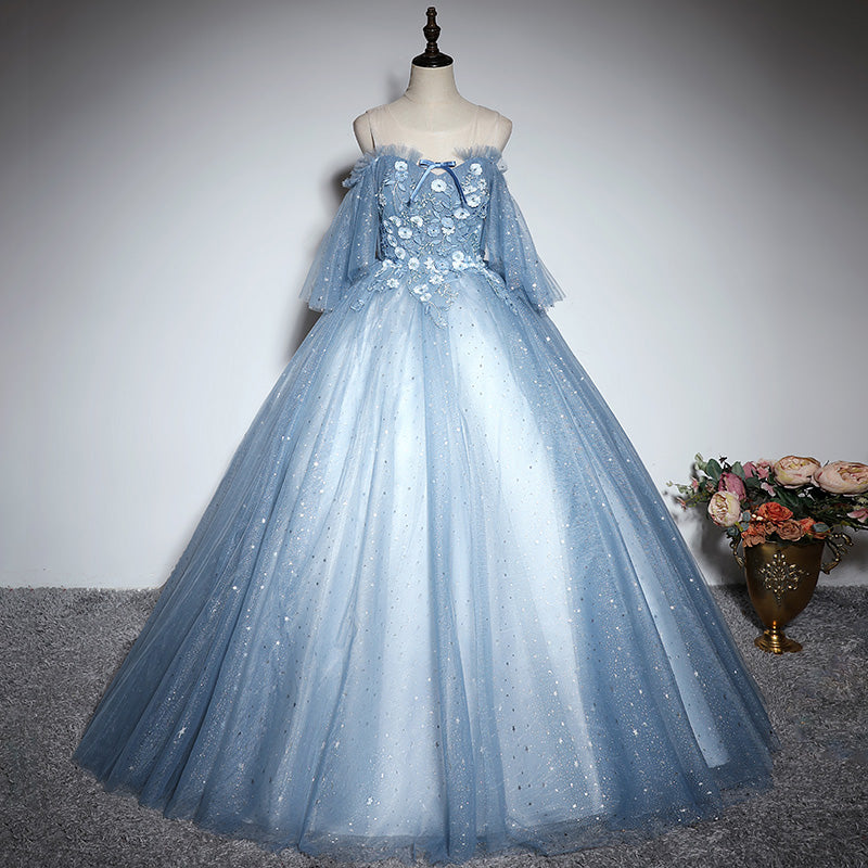 Blaues Tüll-Spitzen-Ballkleid-Kleid, lang, formelles Kleid 10197