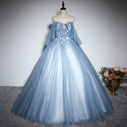 Blaues Tüll-Spitzen-Ballkleid-Kleid, lang, formelles Kleid 10197