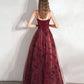 Burgundy tulle long prom dress A line evening gown  10374
