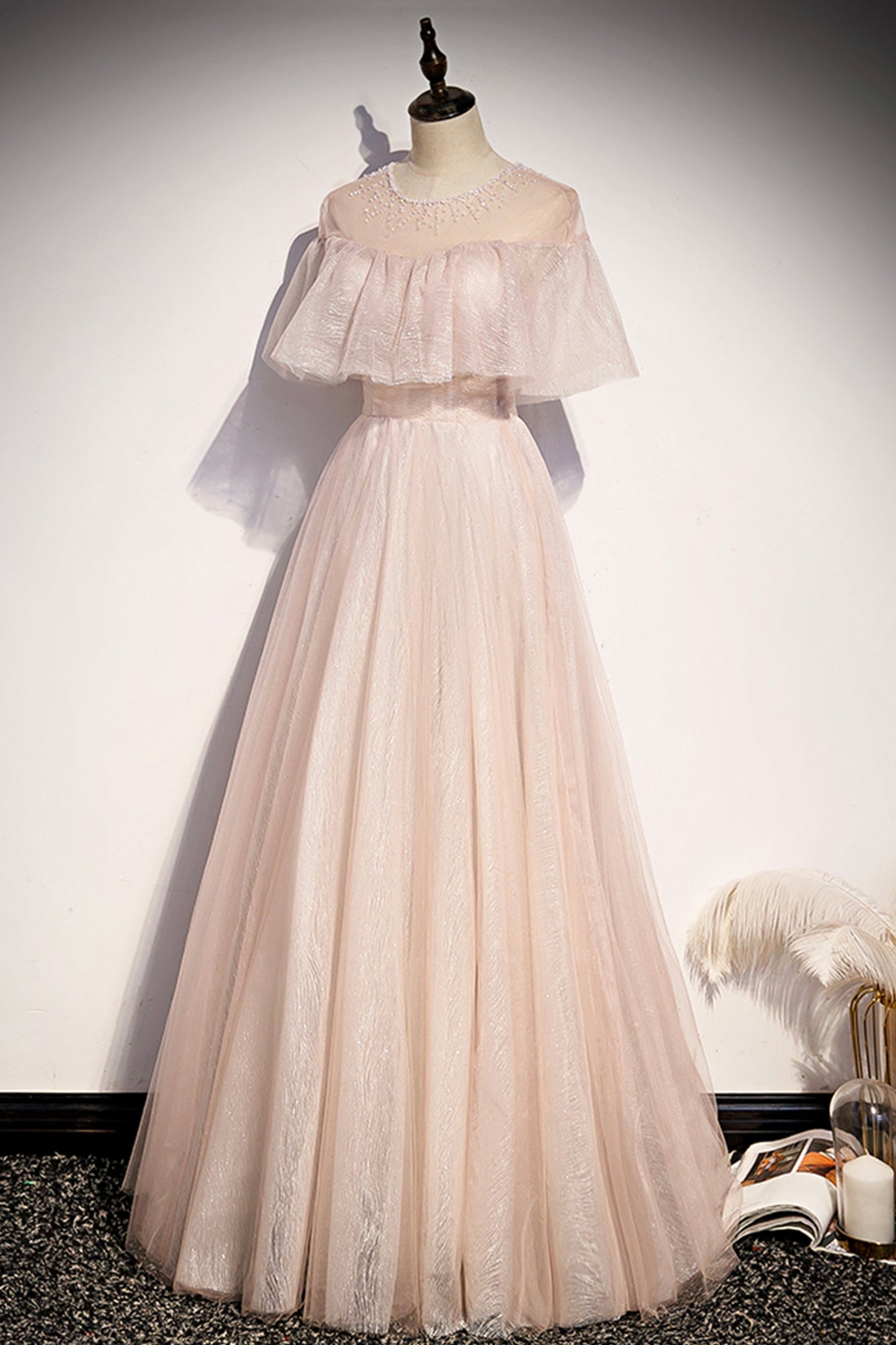Robe de soirée longue en tulle rose avec ligne A 8707