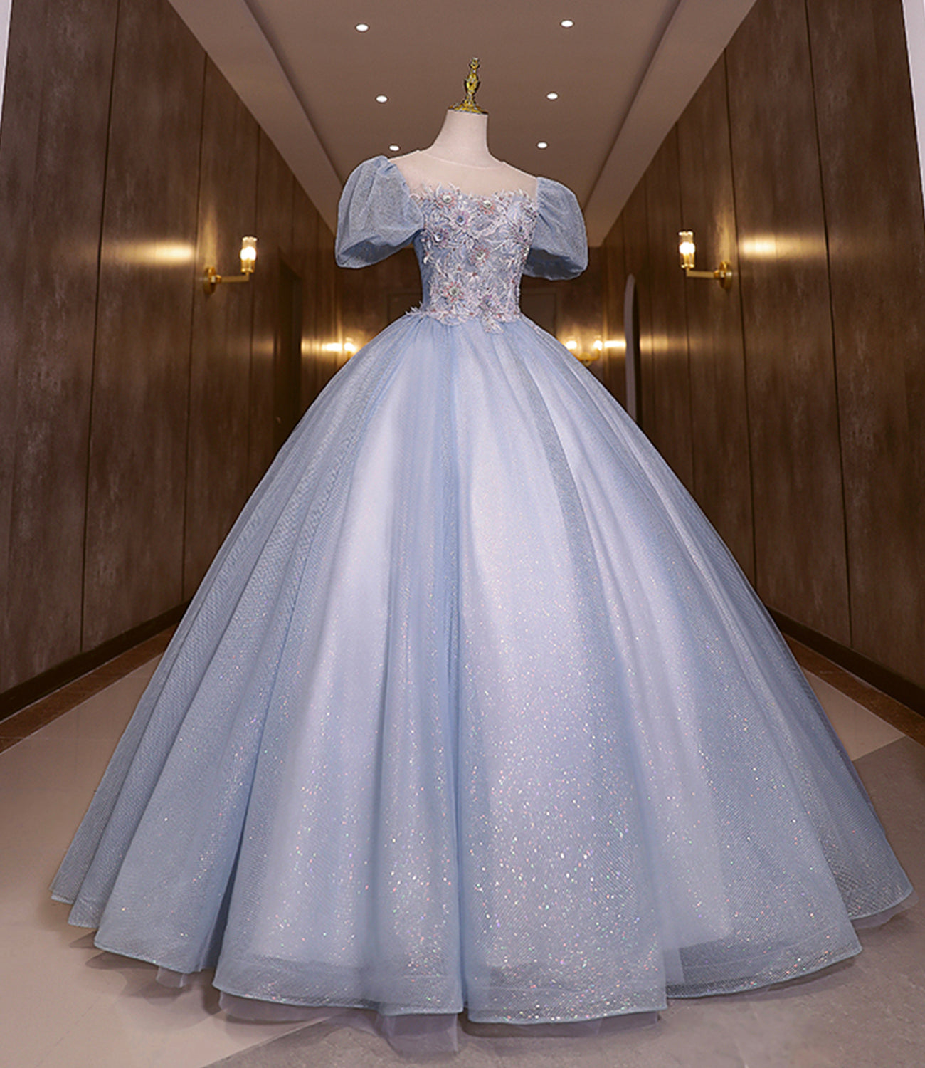 Blaues, glänzendes, modisches, elegantes, exquisites Tüll-Spitzenkleid mit Blumenapplikationen, langes Ballkleid, Abendkleid, Abschlusskleid 10259