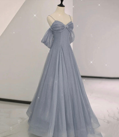 Gray tulle sequins long prom dress gray evening dress  10633