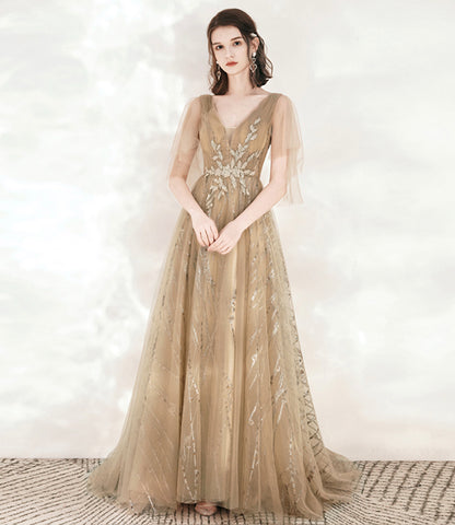 Champagne tulle sequins long prom dress A line evening dress  10548