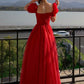 Red tulle long prom dress A line evening dress  10602