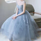Blue tulle lace short A line prom dress party dress  8744