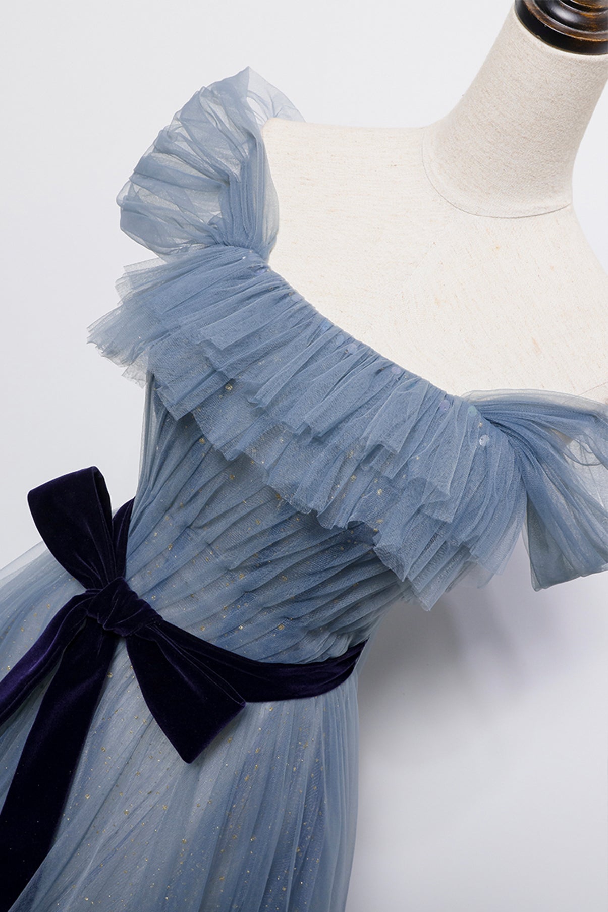 Bule Tüll langes A-Linie Ballkleid blaues Abendkleid 8718