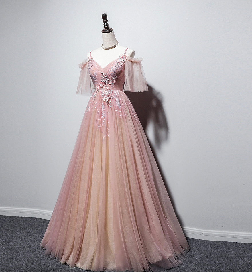 Rosa V-Ausschnitt Tüll langes Ballkleid Abendkleid 8455