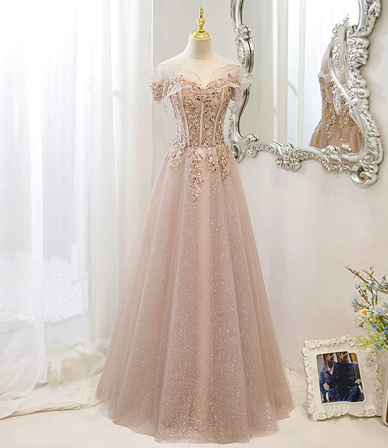 Rosa Tüll Pailletten langes Ballkleid Rosa Abendkleid 10173