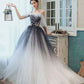 Blue tulle sequins long prom dress A line evening dress  10401