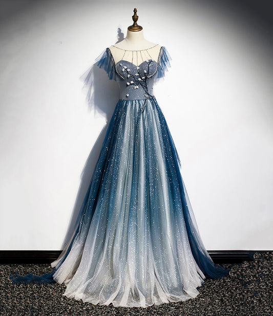 Robe de soirée longue en tulle bleu avec ligne A 8928