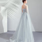 Robe de soirée longue en tulle et dentelle grise Robe de soirée trapèze 10509