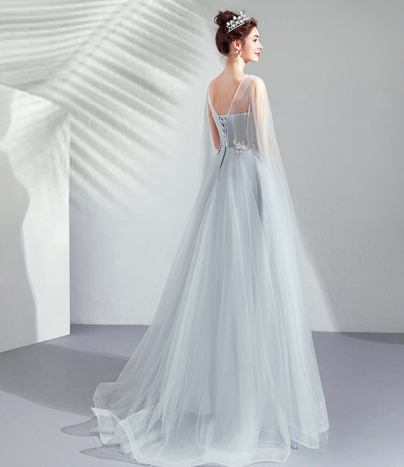 Robe de soirée longue en tulle et dentelle grise Robe de soirée trapèze 10509