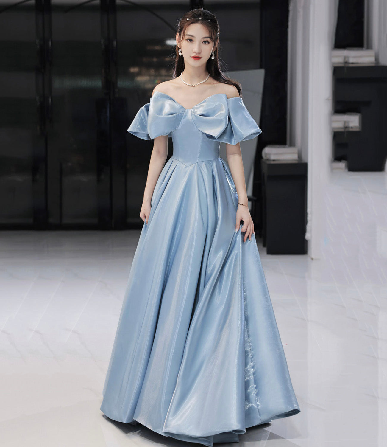 Blue satin long prom dress A line evening dress  10581