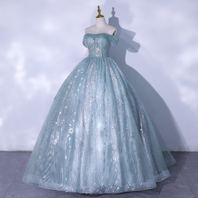 Robe de soirée longue en tulle bleu à paillettes 10062