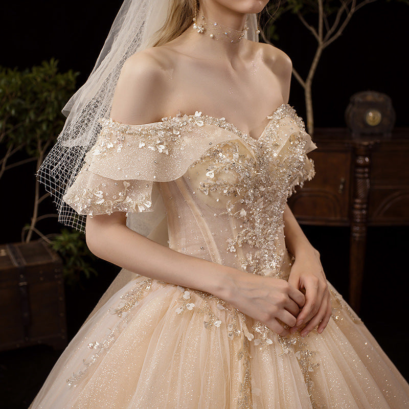 Champagner Tüll Pailletten langes Ballkleid Abendkleid 10250