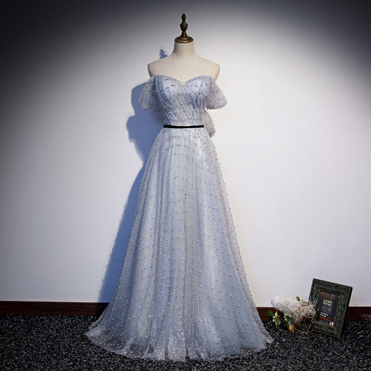 Lovely A line tulle pearl long prom dress evening dress  8685