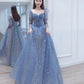 Robe de soirée longue en tulle bleu avec perles Robe de soirée trapèze 10402