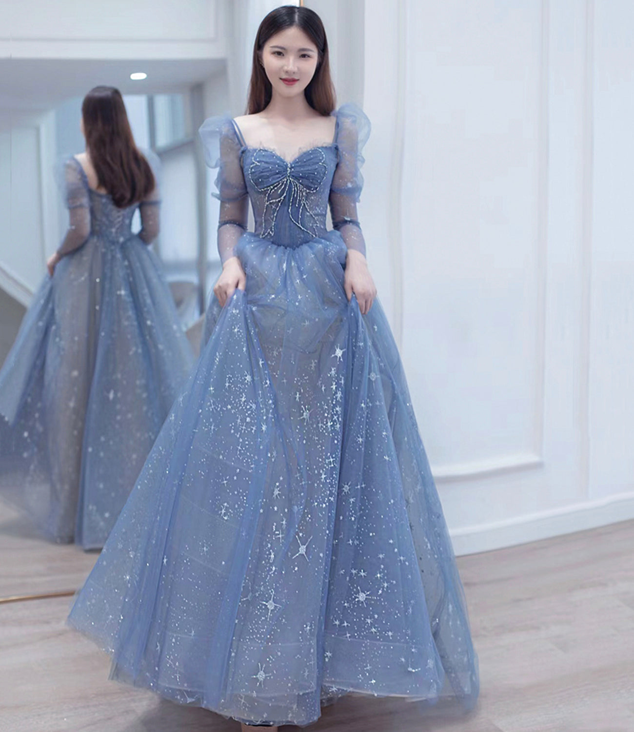 Robe de soirée longue en tulle bleu avec perles Robe de soirée trapèze 10402