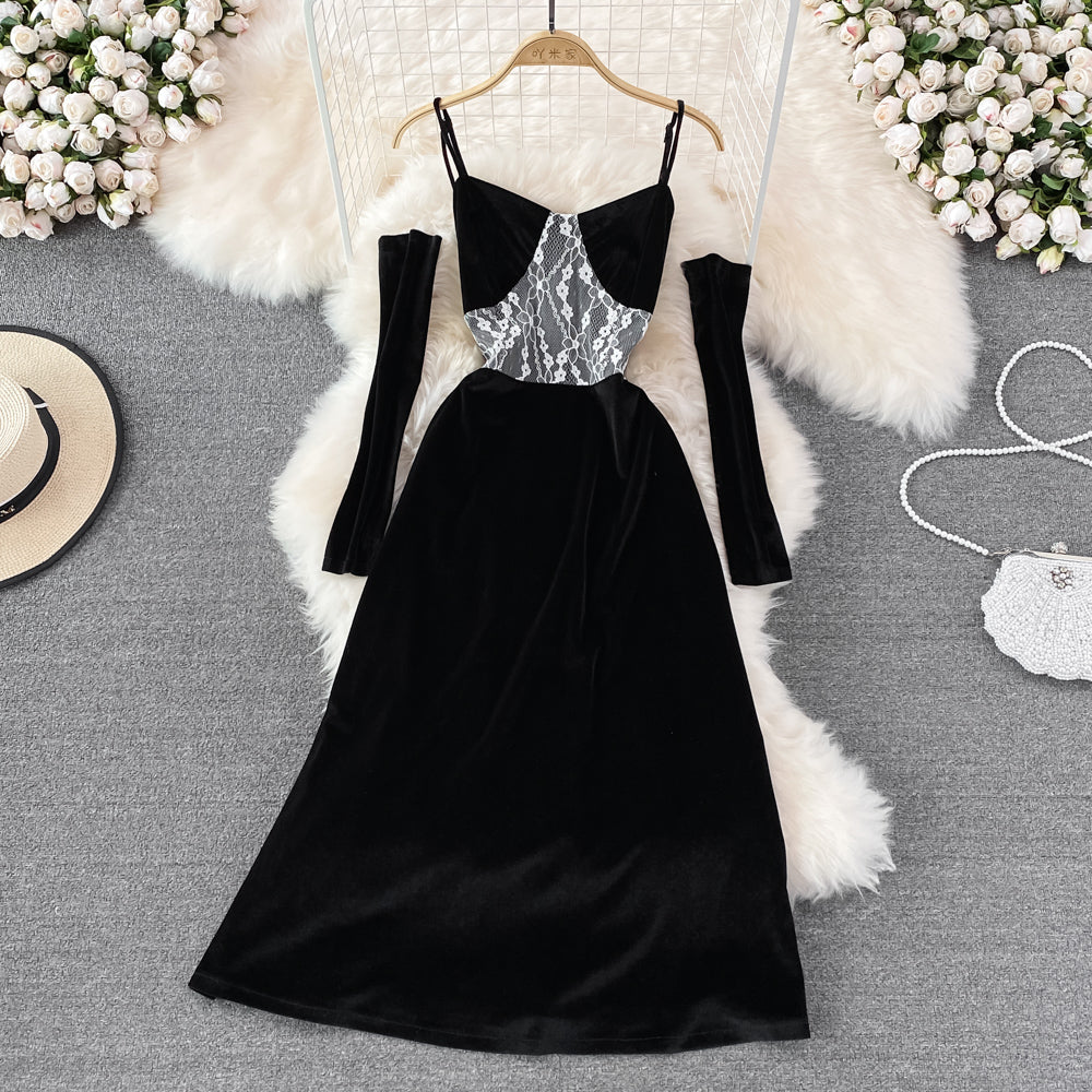 Schwarzer Samt-Strapsrock im Hepburn-Stil, Design Sense, Abendkleid, Rock 10999