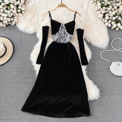 Schwarzer Samt-Strapsrock im Hepburn-Stil, Design Sense, Abendkleid, Rock 10999