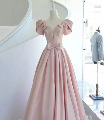 Pink satin long A line prom dress pink evening dress  8938