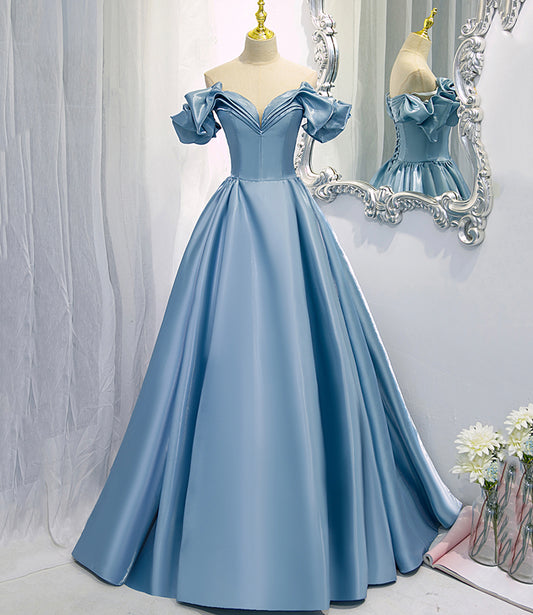 Glänzendes langes A-Linien-Abschlussballkleid aus Satin, blaues Abendkleid 8845