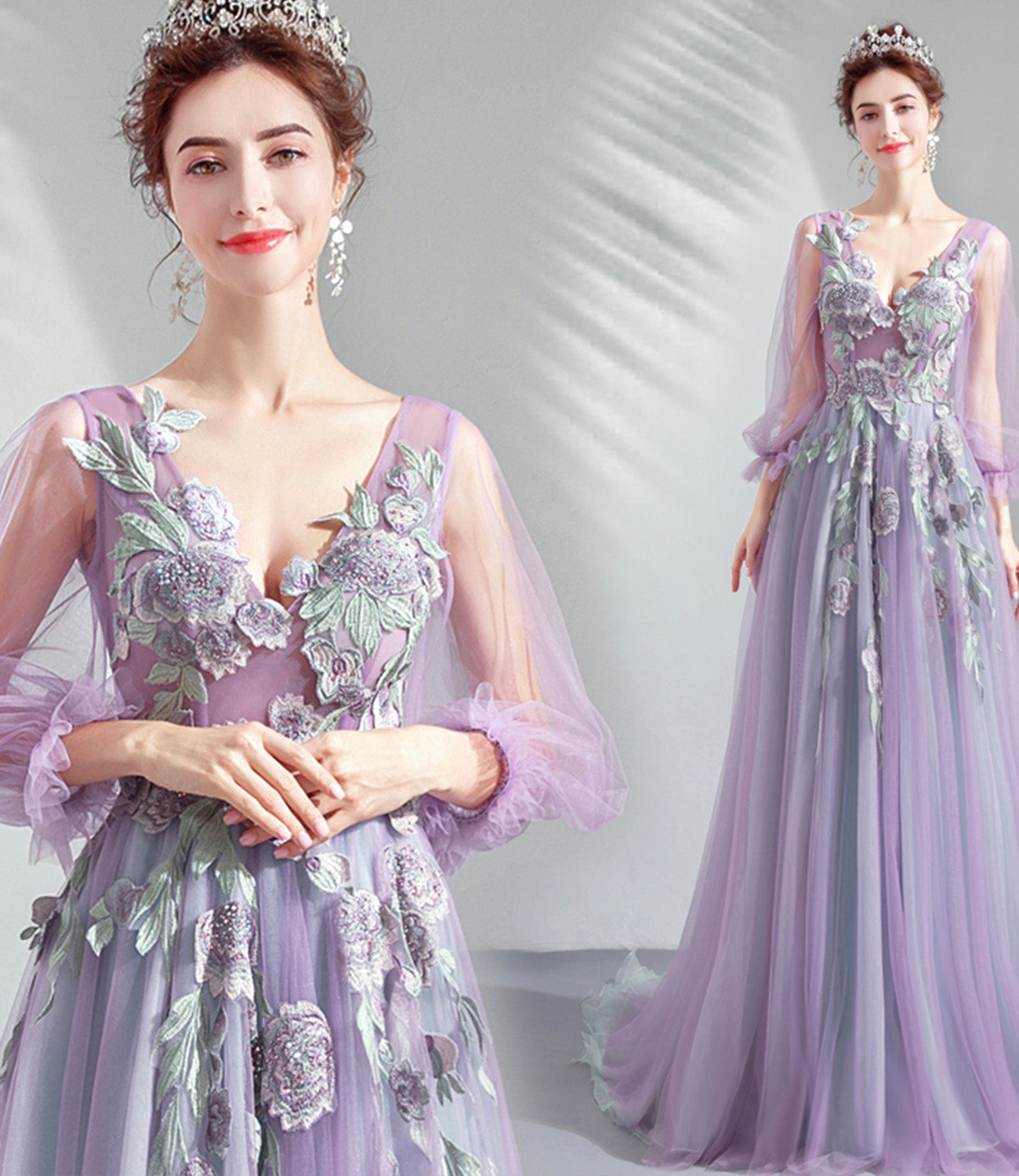 Purple tulle lace long prom dress A line evening dress  10552