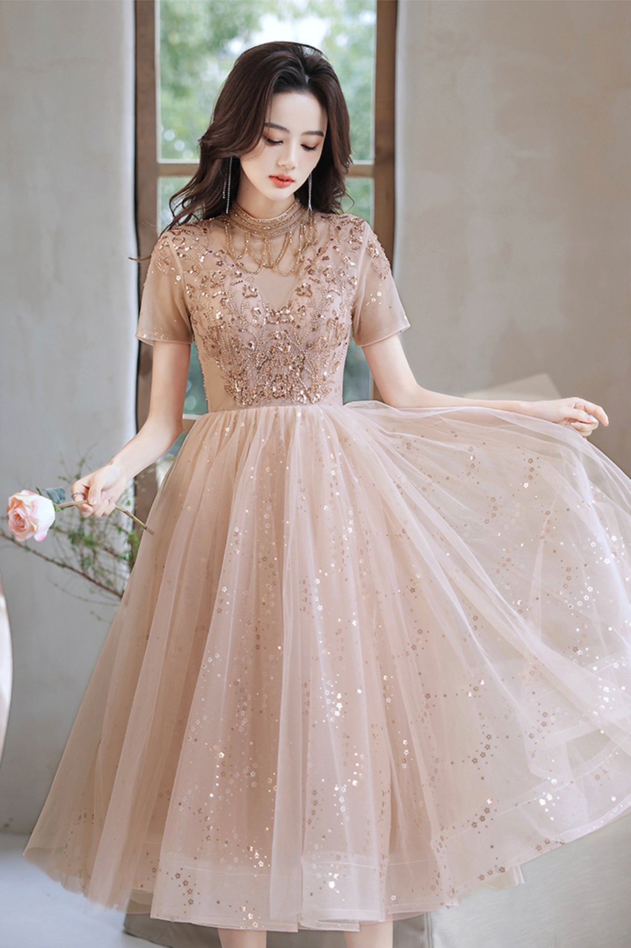 Süßes Tüll Perlen kurzes Ballkleid A-Linie Partykleid 10519