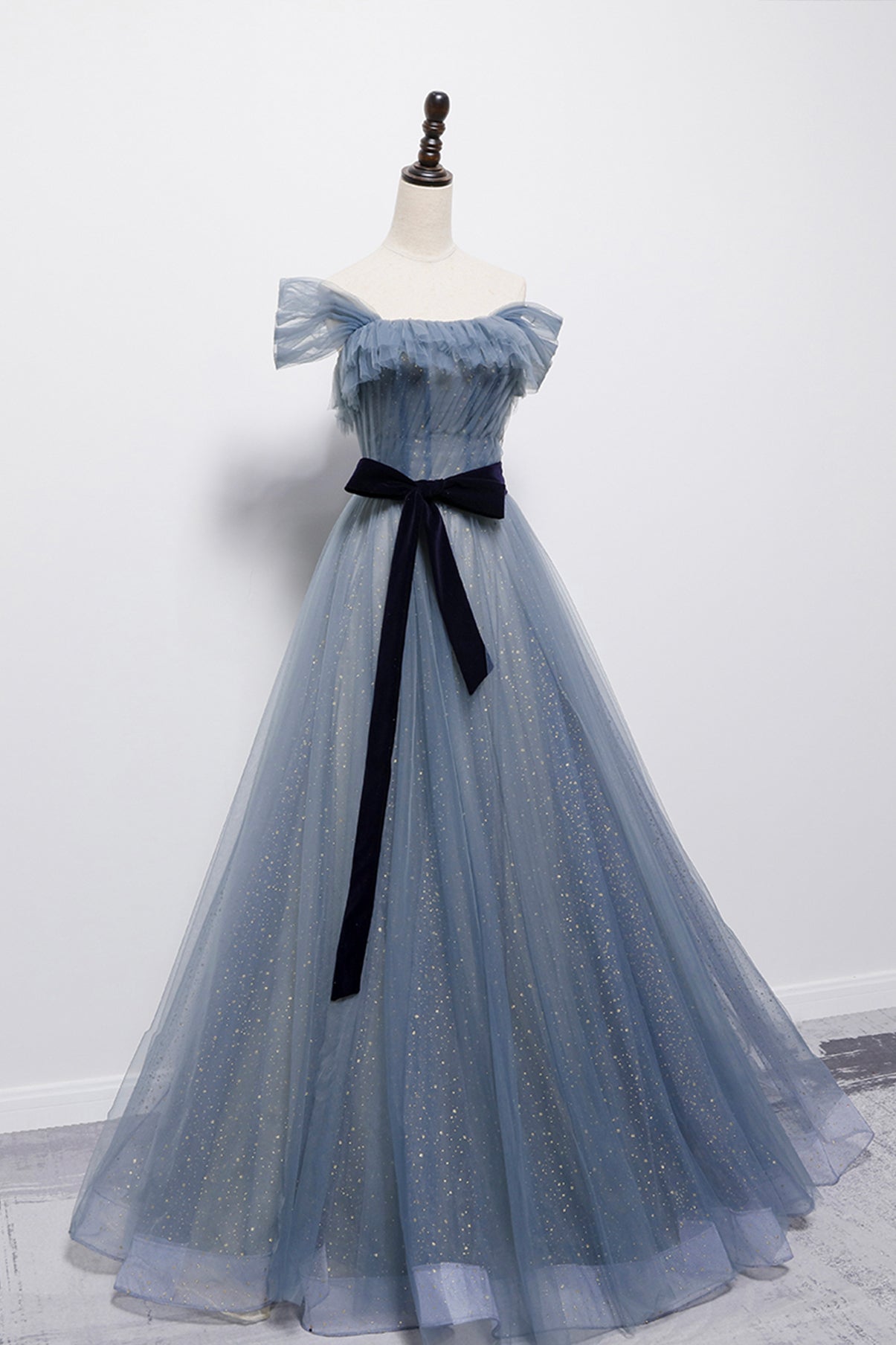 Bule Tüll langes A-Linie Ballkleid blaues Abendkleid 8718