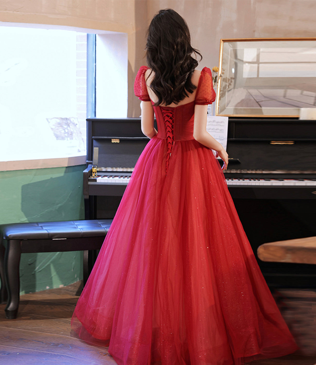 Burgund Tüll Perlen langes Ballkleid Abendkleid 10214